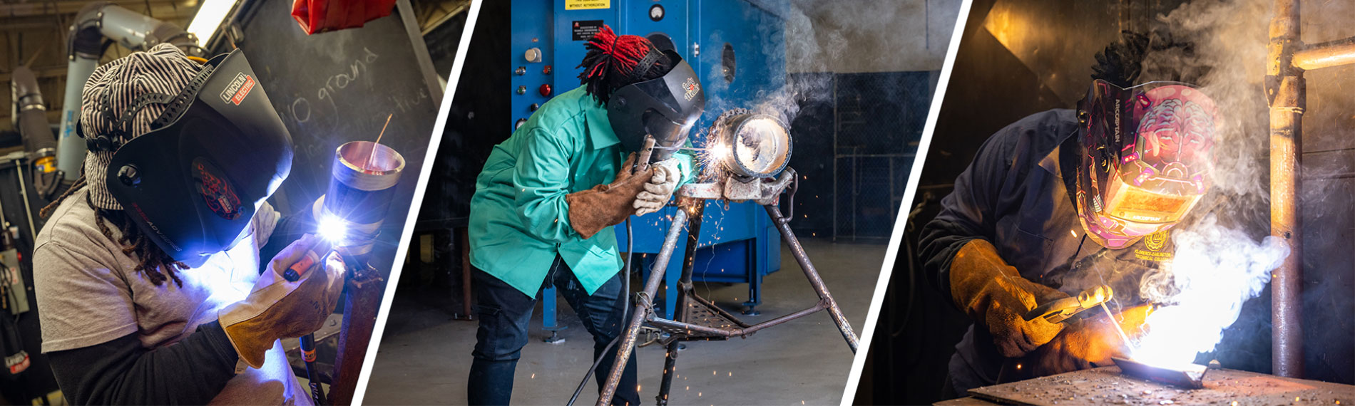 A series of three images showing welders performing different types of welding tasks